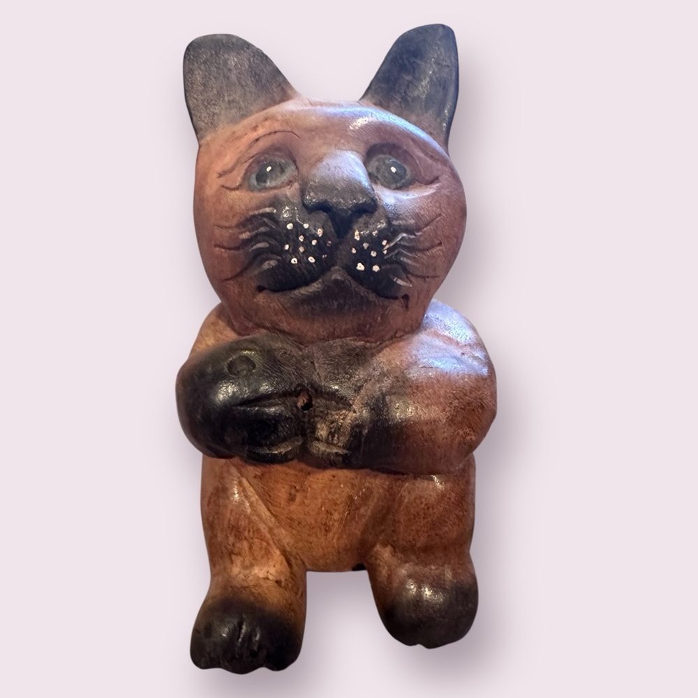 Hand-Carved Wooden Sitting Cat Figurine - Brown & Black Home Decor 8" Tall - Picture 2 of 9
